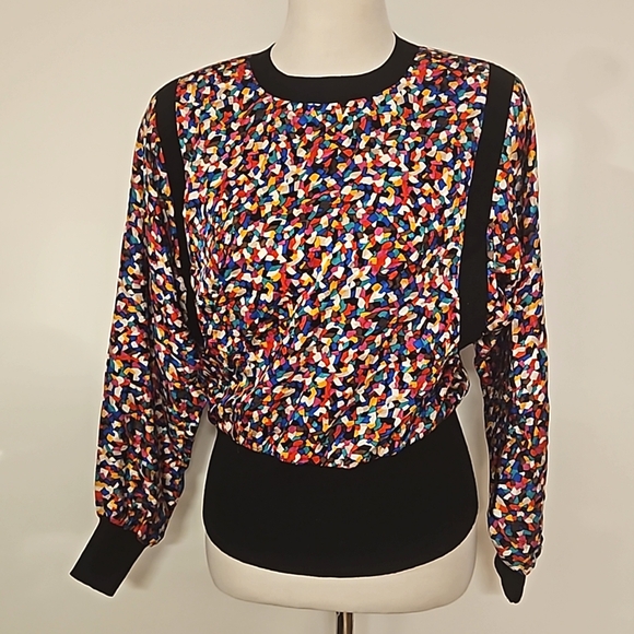 Vintage Adrianna Papell 80s dolman sleeve abstract pattern blouse top sz 4 silk - Picture 1 of 13